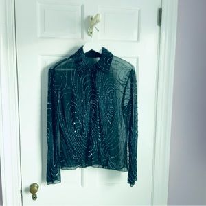 Mesh Beaded Blouse with Bell Sleeves